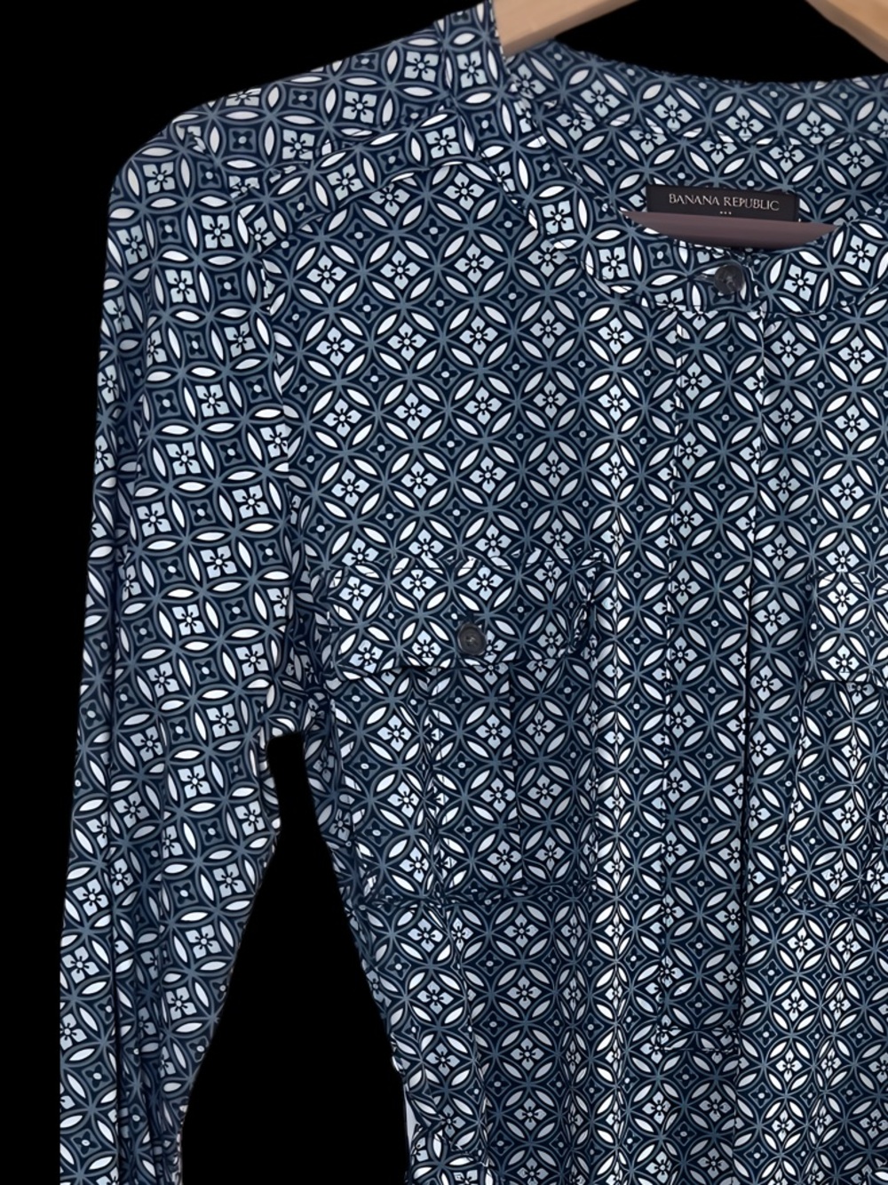 Banana Republic Blue Geometric Safari Shirt Dress Roll Tab Sleeves & Tie Waist 4 - Picture 4 of 13